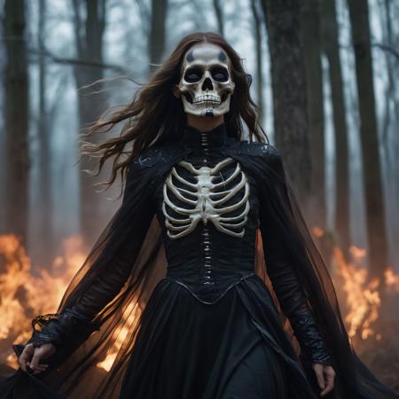 The Skeleton young Witch, flying, epoxy_skull, amidst a black swirling vortex in a dark, mystical forest. A beautiful woman with long hair stands, her figure draped in skeletal armor and an ethereal dress, engulfed by the swirling darkness. The scene is intensely cinematic, dominated by deep shadows pierced by subtle hints of light, crafting a dramatic interplay of darkness and luminescence. Wind, intensified to 1.2, weaves through the trees, enhancing her enigmatic silhouette, now surrounded by black smoke and the eye of a storm. Close-up on her sad expression, amidst sparkling embers and a billowing long piece of cloth, with a faint (intensity:0.5) hint of a Skeleton mask,