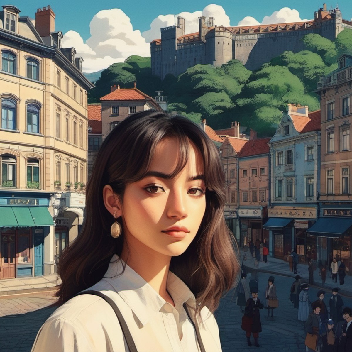 Studio ghibli style illustration of the face of a woman looking at the viewer with a victorian city square in the backgrou...
