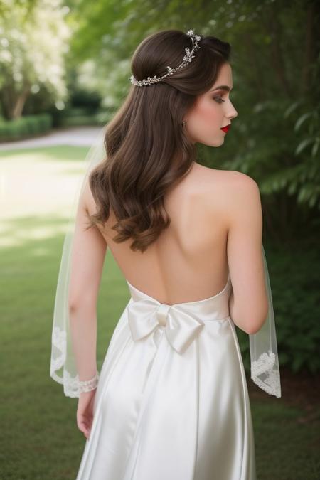 A colorized photograph from 1940s America captures a moment outdoors, set against the backdrop of a lush, sprawling estate. The vibrant greens of the manicured lawns and the soft blues of the cloudless sky create a picturesque setting.
At the center of the frame stands a beautiful, newlywed American woman, her presence commanding attention. She is in her mid-20s, with porcelain skin, rosy cheeks, and wavy, chestnut hair styled in a classic 1940s updo. She is completely nude, her body exposed yet adorned with exquisite bridal accessories. A delicate, lace veil cascades down her back, secured by a sparkling tiara that catches the sunlight. She wears a string of pearls around her neck, matching pearl earrings, and a pair of satin, white heels that accentuate her shapely legs. Her makeup is soft and romantic, with defined brows, long lashes, and a touch of red lipstick.
Surrounding her are multiple clothed males, all dressed in elegant, black tuxedos with crisp, white shirts and bow ties. They stand proudly beside the bride, their expressions a mix of admiration and respect. The groom, positioned closest to the bride, gazes at her with love and devotion, his hand gently resting on her waist. The other men, presumably groomsmen, stand in a supportive semicircle, their eyes also drawn to the radiant bride.
The image has a polished, vintage quality, as if carefully colorized to preserve the timeless beauty of the moment.