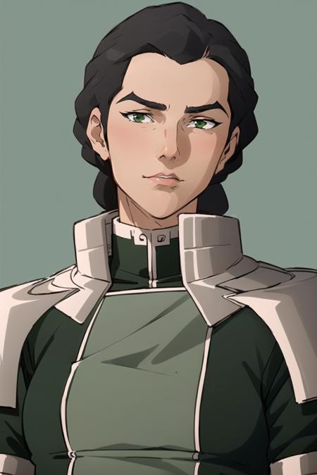 1girl, kuvira, simple background,
upper body,
looking at viewer,