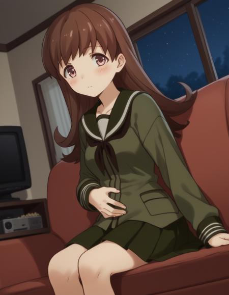 ooi, long hair, brown hair, brown eyes, ooi (kancolle) skirt, school uniform, pleated skirt, serafuku,