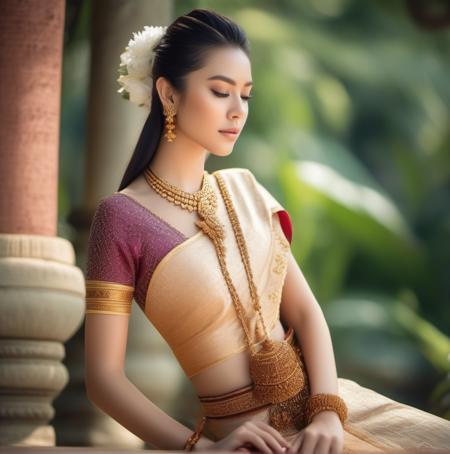 cinematic film still (masterpiece), best quality, ultra high res, ,(1girl:1.3) , (princess:1.3),sitting,beautiful face,( thailand ancient tradition palace:1.3),( garden:1.3),(cute girl:1.3), (day:1.3), blue sky, ( thai traditional dress:1.3),(traditional body strap:1.2) ,detailed background , big breasts , hair_bun, hair_ornament, hair_stick, jewelry , necklace, (seductive:1.3) , (intent looking:1.5) ,( looking at viewer:1.5),(from side view:1.5),  <lora:thaidressgirls:1> . shallow depth of field, vignette, highly detailed, high budget, bokeh, cinemascope, moody, epic, gorgeous, film grain, grainy