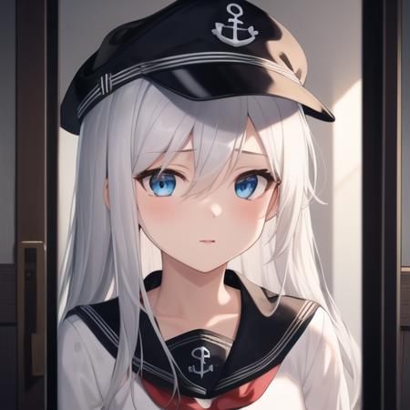 (masterpiece, best quality:1.2),illustration,8k,hd,1girl,solo,upper body,(portrait:1.2),hat,thighhighs,skirt,white serafuku,neckerchief,long hair,school uniform,blue eyes,flat cap,black thighhighs,pleated skirt,anchor symbol,sailor collar,grey hair,long sleeves,hair between eyes,red neckerchief,white hair,black skirt,<lora:Hibiki-V1>