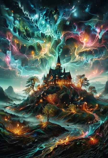 (by Ellen Jewett:1.5), (Bioluminescent Impressionism, The Dreamland), their peaks veiled in mist. mixed media, surrealism, great lighting, A surreal landscape highly detailed . extremely high-resolution details,  appears trapped in an optical illusion of reflections and refractions colorful , 
Giant Magical Tree, professional photography, natural lighting, volumetric lighting maximalist. intricately detailed, complex, elegant, night, moon, meteor shower, expansive, fantastical, film photography style,  <lora:MJ52:0.3>  <lora:SDXLFaeTastic2400:0.4>  <lora:EpicF4nta5yXL:0.7>.ethereal landscapes, depth of field, biotech emotion:1.3) <lora:xl_more_art-full_v1:0.5> <lora:add-detail-xl:1> <lora:RMSDXL_Creative:2>, GhostlyStyle, lthndrtrl