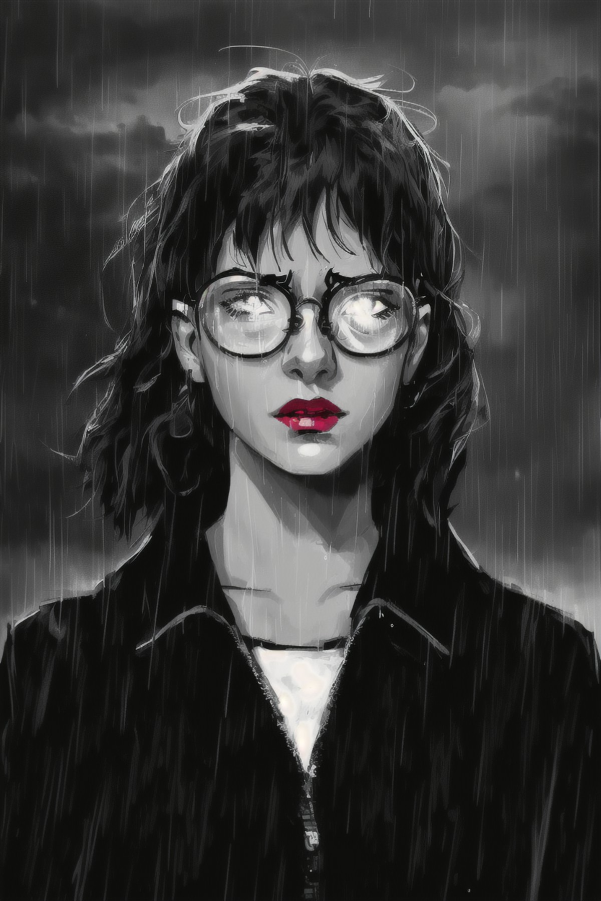 sin-city,portrait,1girl,,(glowing glasses:1.2),silhouette light,monochrome,realistic,cloudy sky,rain, <lora:Horror_Ink_Sty...
