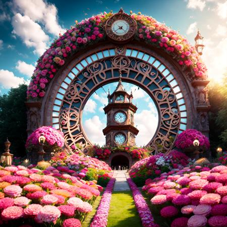 photo (FlowerGateway style:1) a giant clock tower in the middle of a flower garden <lora:djzFlowerGatewayV21:1>