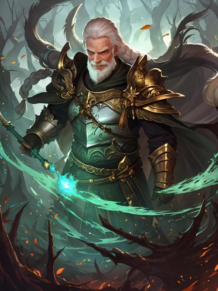 masterpiece,best quality,highres,cinematic lighting,dramatic angle,<lora:ShadowverseIzudiaV3-000036:0.8> ,1 old man,Izudia,armor,cape,holding bow,white hair,braided ponytail,jewelry,looking at viewer,evil smile,shaded face,clenched teeth,green fire,rotten woods,falling leaves,depth of field,magic,floating objects,portrait,from below