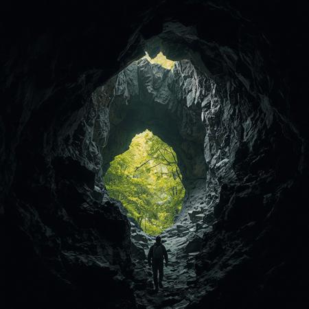 Dark, jagged cave interior with protagonist slowly advancing toward a small opening revealing lush green foliage outside, harsh contrast between shadowy confinement and bright natural world representing hope and escape.