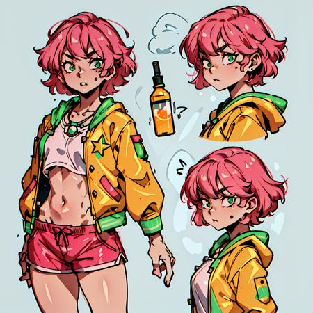 (CharacterSheet:1), 1girl, (pink short hair:1.3), (orange jacket, red shorts, bangs, white shirt, green pendant, red shoes, green eyes), fight pose,  (multiple views, full body, upper body, reference sheet:1),
(simple background, white background),
(masterpiece:1.2), (best quality, highest quality), (ultra detailed), (8k, 4k, intricate),(full-body-shot), (Cowboy-shot:1.4), (50mm), (highly detailed:1.2),(detailed face:1.2), detailed_eyes,(gradients),(ambient light:1.3),(cinematic composition:1.3),(HDR:1),Accent Lighting,extremely detailed,original, highres,(perfect_anatomy:1.2),
 <lora:CharacterDesign_Concept-10:0.5>