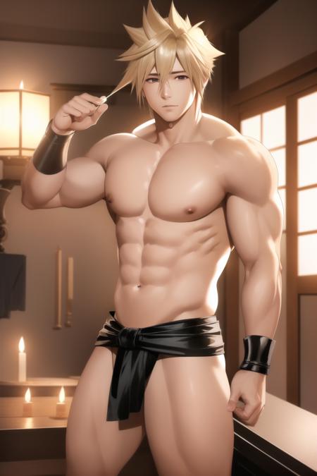 (Ultrarealistic:1.3) 1boy, cloud strife, black fundoshi, shirtless, pecs, thighs, japanese home interior background, candlelight, perfect face, perfect lighting, shiny skin, candles