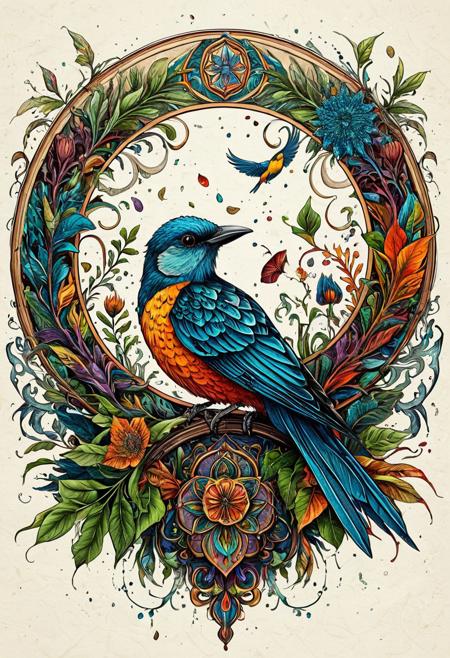 Finely detailed vector illustration, botanical study, bird, ultra realistic quality, circle symbol, white background, hyperdetailed, intricately detailed,  triadic colors,fantastical,intricate detail,splash screen,complementary colors, fantasy concept art, 8k resolution, masterpiece, ink on old paper, calligraphy,