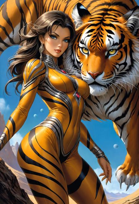 beautiful humanoid alien tiger woman with a long tail and skin covered tiger skin [pinup woman : tiger : .25]  long legged, narrow waist, slim body, narrow hips, on a alien planet, retro science fiction, highly detailed, fine lines, intricate textures, tiger stripe hair by Boris Vallejo, Raymond Swanland, Serge Marshennikov, Luis Royo, 16k resolution concept art :: fantasy magazine cover art", detailed, vivid, realistic, Karol Bak contrasting colors, detailed painting wide-angle lens ethereal hyperdetailed, perfect hands, perfect eyes, fixed eyes