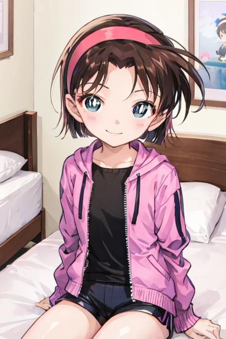 ayumiyoshida, child, blue eyes, short hair, brown hair, bangs, hairband, jacket, short shorts, smile, sitting, bedroom <lora:ayumi-v2:1>