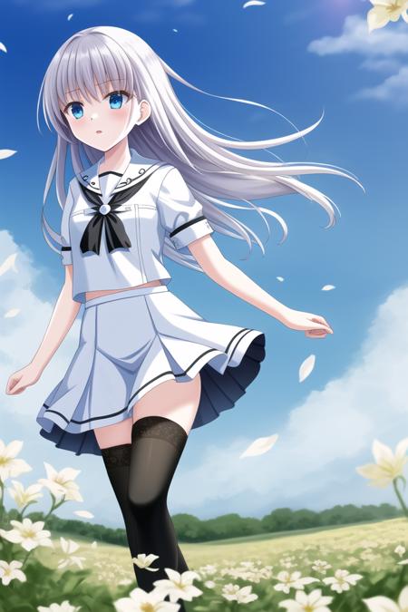 masterpiece, best quality, highres, {beautiful detailed eyes}, finely detail, Depth of field, 4k wallpaper, bluesky, cumulus, wind, insanely detailed frills, extremely detailed lace, BLUE SKY, very long hair, There are many scattered luminous petals, colorful flowers, Depth of field, 
1 girl wearing (serafuku and white skirt and black thighhighs:1.1) with (endlessly growing absurdly long hair spreading on the ground endlessly:1.1)