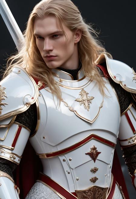 handsome young pale skinned supreme long blonde haired and red colored god entity is wearing white armor and holding a long sword and looking to camera, 
ultra hd, 
realistic, 
vivid colors, 
highly detailed, 
UHD drawing, 
pen and ink, 
perfect composition, 
beautiful detailed intricate insanely detailed octane render trending on artstation, 
8k artistic photography, 
photorealistic concept art, 
soft natural volumetric cinematic perfect light