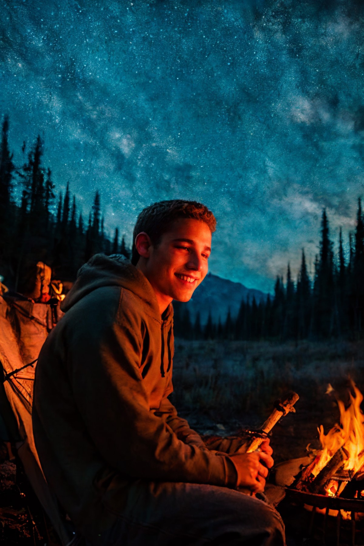 Outdoors nighttime, solo, 1man, 20yo slim dg_ShawnPyfrom, wearing hoodie, sitting in front of a campfire roasting marshmal...