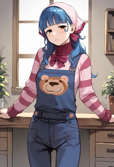 vera misham blue hair, brown eyes, pink bandana, overalls, sweater, striped, denim pink hairband, sweater, dress, striped, jacket, black pantyhose holding sign holding sketchbook