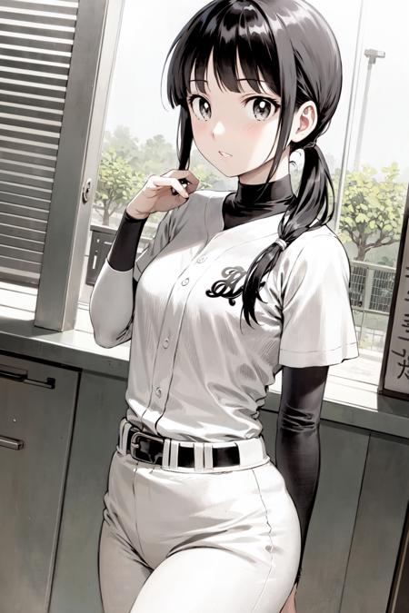 <lora:Major2nd_ComicStyle-000060:0.6:lbw=outall>looking at viewer, 
black hair,(tied hair,blunt bangs:1.2), small breasts, 
(baseball uniform:1.2), (best quality:1.3),1girl,<lora:GoodHands-beta2:1>,