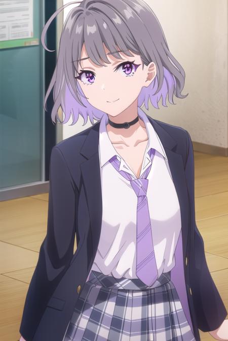 akaritanikita, <lora:akari tanikita s1-lora-nochekaiser:1>,
akari tanikita, short hair, bangs, (purple eyes:1.1), grey hair, multicolored hair, ahoge, smile,
BREAK skirt, shirt, school uniform, white shirt, short sleeves, pleated skirt, necktie, shoes, choker, socks, striped, collared shirt, black footwear, blue skirt, plaid, black choker, plaid skirt, black socks, sneakers, purple skirt, shirt tucked in, striped necktie, purple necktie,
BREAK indoors, classroom,
BREAK looking at viewer, (cowboy shot:1.5),
BREAK <lyco:GoodHands-beta2:1>, (masterpiece:1.2), best quality, high resolution, unity 8k wallpaper, (illustration:0.8), (beautiful detailed eyes:1.6), extremely detailed face, perfect lighting, extremely detailed CG, (perfect hands, perfect anatomy),