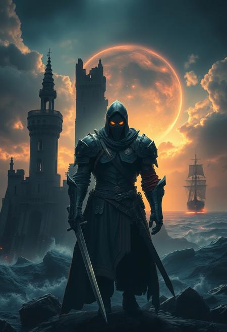 A knight with hollow eyes standing before a ruined castle, their form fragmented like an old, decaying fresco
dark cinematic maritime fantasy, mysterious cyberpunk figures, dramatic stormy seascapes, glowing celestial skies, painterly textures, intense chiaroscuro lighting, mythic futuristic sailors, towering ghostly ships, misty neon-lit ocean horizons, surreal atmospheric depth, moody golden-hour glow, cybernetic explorers, cosmic sea voyages, gritty yet luminous color palette, surreal dreamlike oceanic landscapes