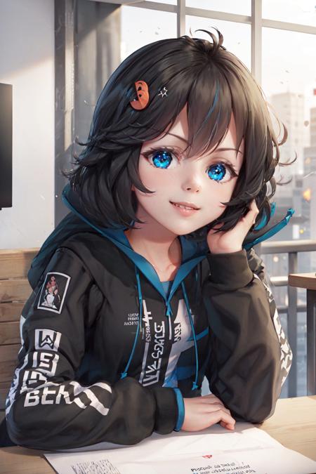 (masterpiece, best quality:1.2), <lyco:os-tan_archlinux-10:1.0>, upper body, solo, 1girl, arch-linux chan, smile, looking at viewer, head rest, hood, black hooded jacket, long sleeves, indoors, burger