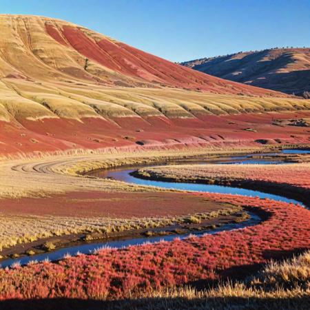 anime key visual, cute, landscape of a Resonant 1980'S (Painted Hills:1.3) from inside of a Marsh, winter trees and Cosmic background radiation in background, Sun in the sky, Realistic, Romantic, Minimalism Art, side lit, F/8, Provia, Bronze background, full of color, masterpiece, pixiv