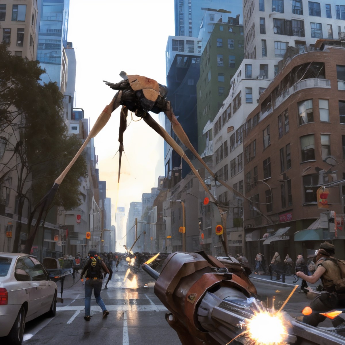 <lora:Strider:0.8>strider in downtown new york city chasing down a group of people shooting laser