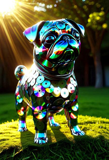 a pug dog made of cd's <lora:CDs_SDXL:1.2> <lora:Detail_Tweaker_XL:0.3>, standing or sitting, chrome and iridescent CD texture, photorealistic, surreal animal sculpture, soft lighting, outdoor setting, cinematic depth of field, ultra detailed, cute and shiny, 4k