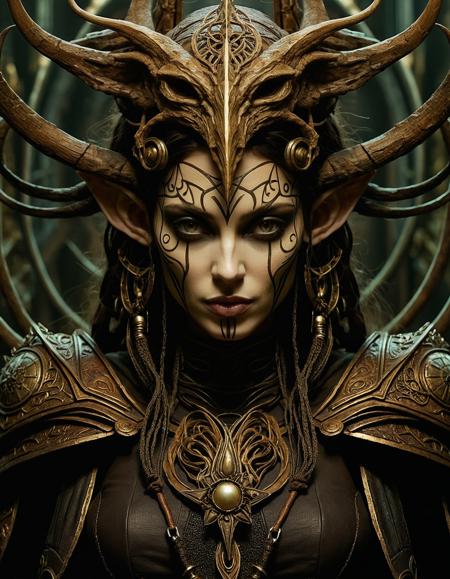 Cosplay-Artists, Imagine a world brought to life by the imaginative styles of Brian Froud, with a focus on capturing the essence of medieval fantasy and mythology, inspired by the visionary styles of Noah Bradley and created with the dark, gritty atmospheres of H.R. Giger.
