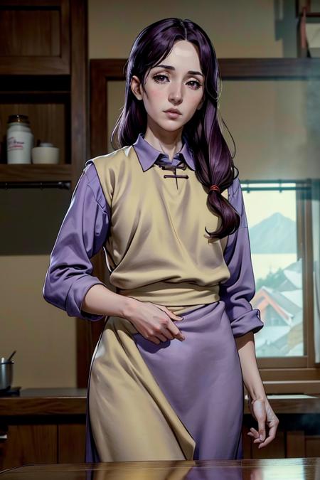 (masterpiece:1.4),(best quality:1.4),(absurdres:1.4),pin-up,okasan_Garo_aiwaifu,brown eyes,shirt ,purple hair ,apron,low-tied long hair ,collared shirt ,dress ,lips ,hair over shoulder,(absurdres, highres, incredibly_absurdres:1.4),scenery,masterpiece,