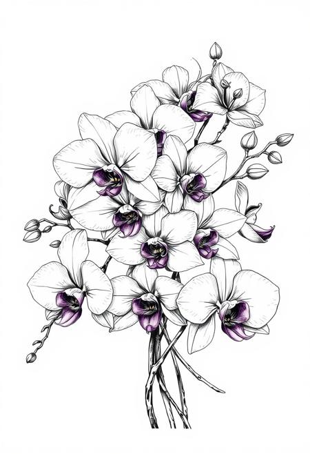 masterpiece, highest quality, graphic drawing, liner, ink, gray shades, black shades, high resolution, high detail, high contrast, bouquet of orchid inflorescences, katleya, phaleonopsis, dendrobium, different varieties, graphic drawing style, postcard appearance, black and white