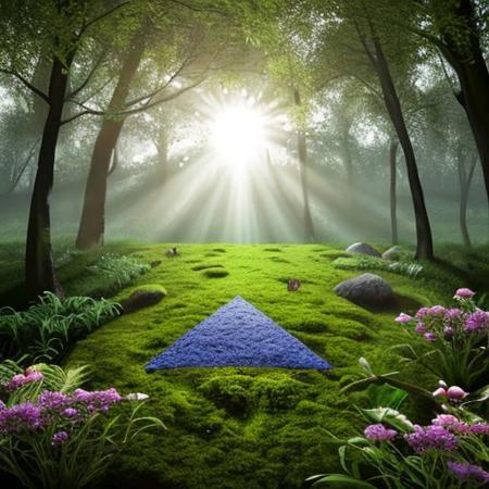 A hyper-realistic painting featuring a three-dimensional blue triangle with human eyes and a mouth, clearly expressing an emotion such as sadness or joy. The triangle should have realistic textures and lighting, making it appear as part of the physical world. It is set in a lush, vibrant forest at dawn, with sunlight filtering through dense foliage, illuminating the moss-covered ground and small wildflowers. Birds and woodland creatures add life to the serene setting. The triangle should blend seamlessly into the environment despite its surreal form, creating a striking contrast between the natural beauty of the forest and the lifelike, anthropomorphic triangle