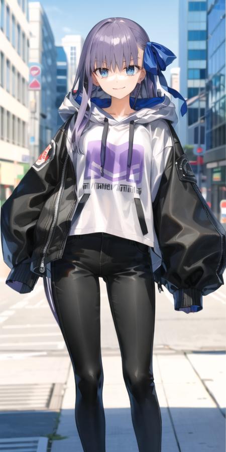 <lora:meltlilith_lora_v1a:0.7>, 1girl, bangs, black jacket, black pants, blue eyes, breasts, contemporary, drawstring, hood, hooded jacket, jacket, long hair, long sleeves, looking at viewer, pants, purple hair, ribbon, small breasts, smile, thighs, very long hair, <lora:wadaFateLocon_v1:0.7>