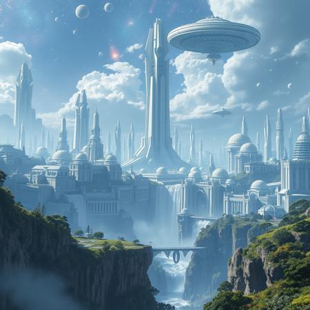 epic scifi landscape, futuristic scifi cityscape, scifi utopia, white buildings, vegetation, waterfalls, megastructure, space station, nebulae,