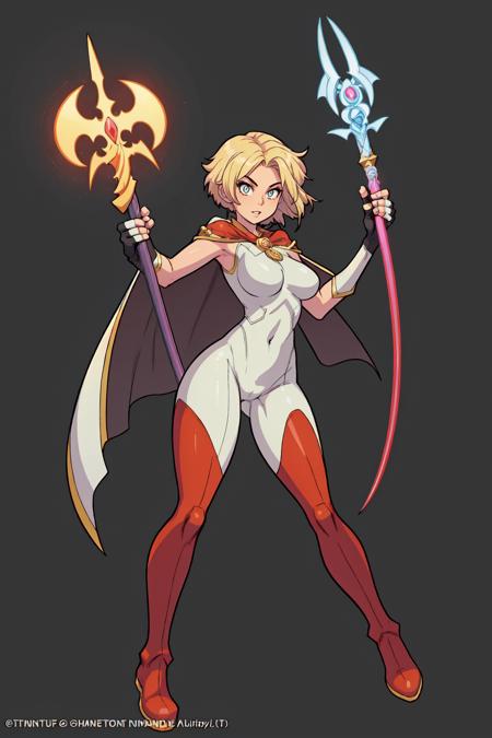 Ryan Ripley,  blonde hair,  bodysuit,  boots,  breasts,  cape,  dual wielding,  fingerless gloves,  full body,  gloves,  glowing,  holding,  medium breasts,  short hair,  staff,  weapon,  official art,  absurdres, <lora:EMS-51648-EMS:0.800000>