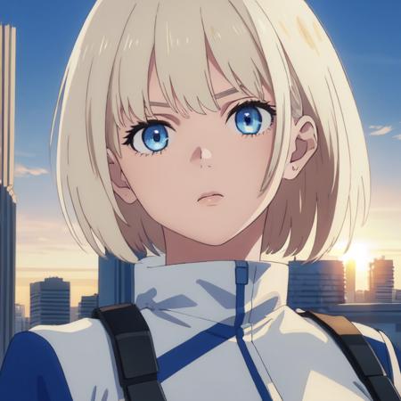 (ultra high res,photorealistic,realistic,best quality,photo-realistic), (8k, raw photo, best quality, masterpiece), (masterpiece), looking at viewer,,,1girl,solo, masterpiece, highest quality, white medium bob hair, futuristic, sunrise time, cityview in the background, mean looking girl, blue eyes, neo tokyo, gun in hand, ((highly detailed eyes)), medium breast, sexy, torso