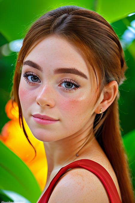 a beautiful young woman in a conservative red dress, in a jungle paradise, (close up, headshot), [smiling], candid, amateur, (raw, 8k, uhd, fujifilm xt3), sharp focus, highly detailed face, <lora:graceCharis:1>