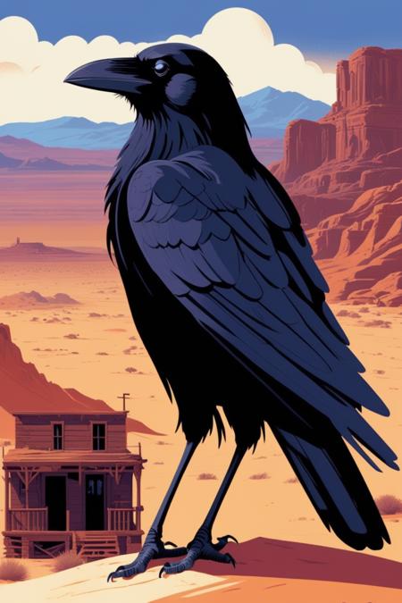 poster style raven, full body portrait at desolate, ghost town in the desert, highly detailed background <lora:tomWhalen-xl:1>. digital concept art by tom whalen, bold outlines