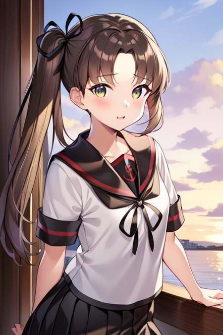 ayanamiKC, 1girl, solo, skirt, ribbon, school uniform, hair ribbon, pleated skirt, serafuku, sailor collar, side ponytail, brown skirt, brown sailor collar