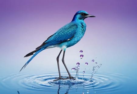 A stunning 3D watercolor illustration featuring a vibrant bird perched on a stem, surrounded by a colorful splash of water droplets. The bird has a detailed, textured plumage, and the stem is adorned with delicate, colorful flowers that blend seamlessly with the watercolor splashes. The overall composition has a dynamic, fluid feel, with the water droplets appearing to flow in multiple directions. The background is a soft, blended gradient of blues and purples, adding depth to the scene., illustration, 3d render