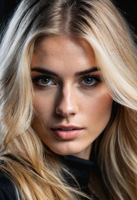 RAW photo, an eye contact of a blond with long hair and dark theme, 4k