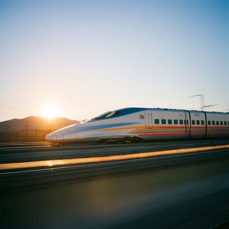 film photography style a picture of a bullet train rushing by during sunset <lora:FILM_PHOTOGRAPHY_STYLE-000017:1>