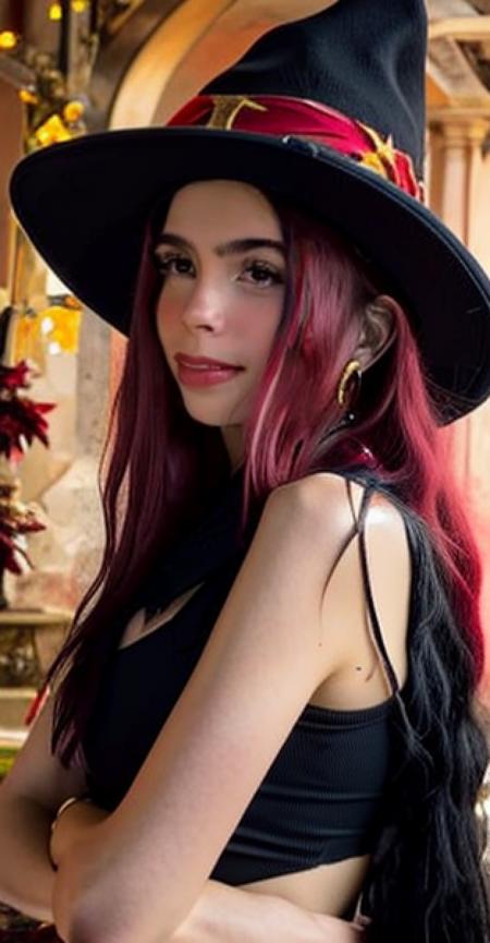 masterpiece, portrait, oil painting, gouache, hard brush, highly detailed, concept art, medium shot, splash art, 1girl, fiery witch, witch hat, pink flowing hair, flowing red magic element, HD,<lora:niñafresa:0.9>