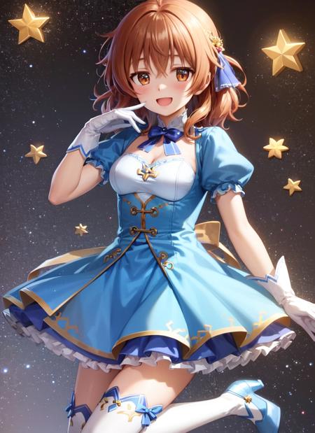 masterpiece, best quality, high quality, <lora:araki_hina-000007:1>, araki_hina, 1girl, solo, blue dress, thighhighs, puffy short sleeves, short sleeves, gloves, puffy sleeves, dress, white gloves, white thighhighs, smile, ahoge, looking at viewer, blue footwear, brown eyes, open mouth, frills, blush, :d, high heels, orange hair, frilled dress, medium hair, star /(symbol/), full body, hair ornament, tiara, brown hair, short hair, boots, blue bow, hand on own chin, bow, hair between eyes (highres:1.2), (ultra-detailed:1.3), (oil painting:0.8), (extremely detailed CG unity 8k wallpaper:1.1), (best shadow), sky