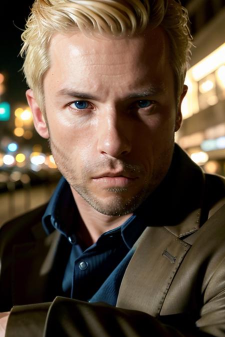 movie poster, [RAW:0.1] HD, photo of a man:1.1 <lora:guyp13rc3:1.1>, natural skin, platinum blonde hair, (crooked detective), outside at night, dramatic pose, dark street at night, downtown at midnight, bokeh, neon lights, highly detailed skin