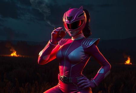 A woman Pink Power Ranger, dynamic pose, action-ready, volumetric form, luminescent glow, sipping tea, cigar smoke, field at night, distant fire, creepy background, James Jean style, rich colors, high contrast, gloomy atmosphere, trending on Artstation, Behance, Unreal Engine, 4K HD, fine detail.
