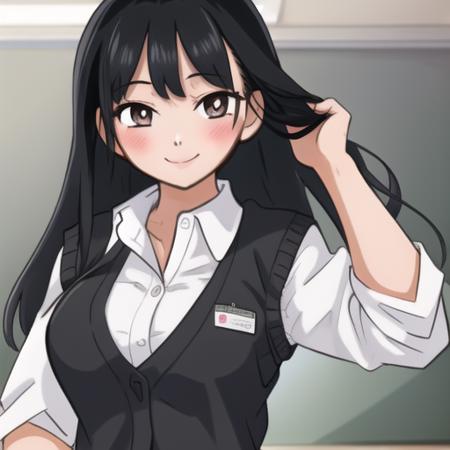 masterpiece, best quality, high quality, <lora:yamada-v2-06:1>, sw3ater, 1girl, sweater vest, black hair, standing, pov, blushing, smile, classroom