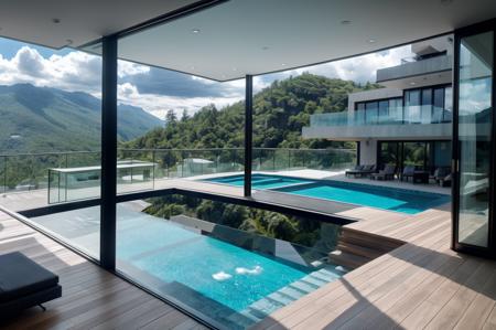 modern villa into the montain, on the edge of a cliff surrounded by waterfalls, cloudy weather, intricated architecture, 
(masterpiece),(high quality), best quality, real,(realistic), super detailed, (full detail),(4k),8k,pool, window, no humans, scenery, indoors,<lora:å·è°_Cool tones:1.0>