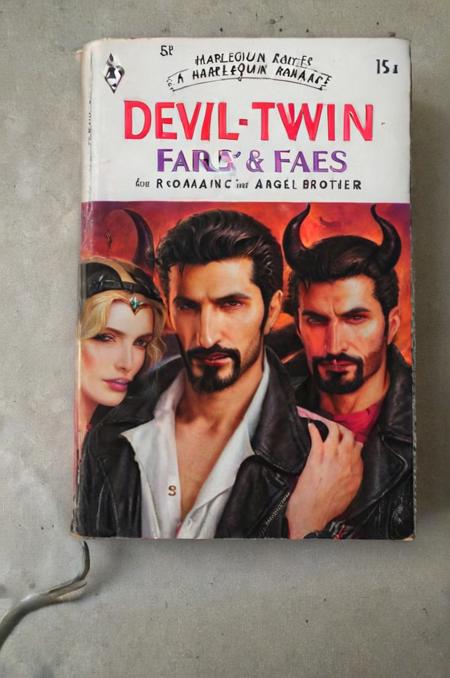 Cover of a Harlequin romance novel depicting Fares Fares with a goatee on a romance with his devil twin brother with horns and his good angel twin bother <lora:wizards_vintage_romance:1> <lora:Fares_Fares_v1b-000006:0.8>