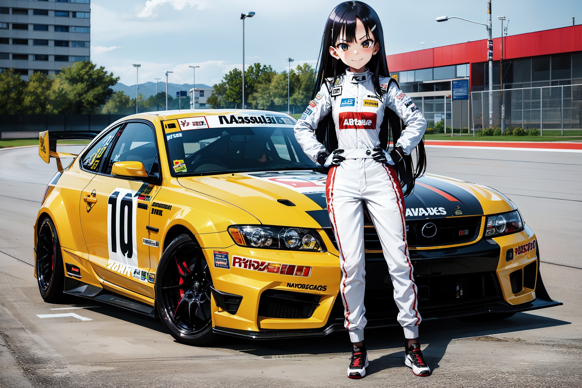 absurdres, highres, best quality, racecar, 1girl, helmet, hands on hips, thumbs up, leaning forward, standing, full body, ...